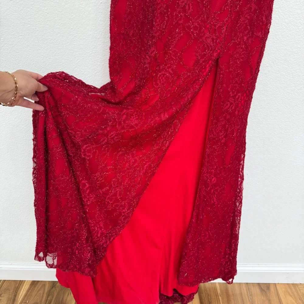 Cinderella Divine Deep Red Long Formal Lace Beaded Gown Size 12